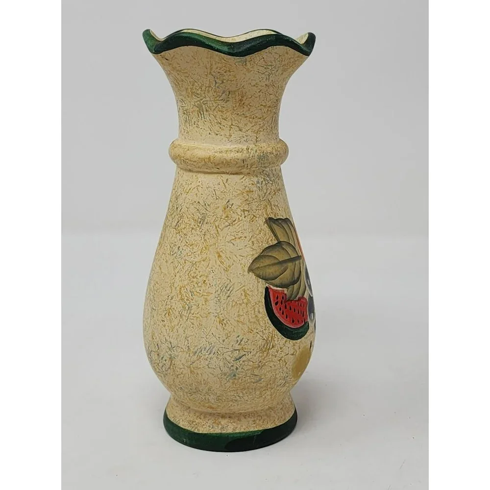 Vintage K's Collection Ceramic Vase Painted Fruit‎ Gold With Black Trim